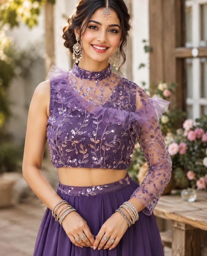 PURPLE - Purple Georgette Embroidered Work Readymade Lehenga Choli
